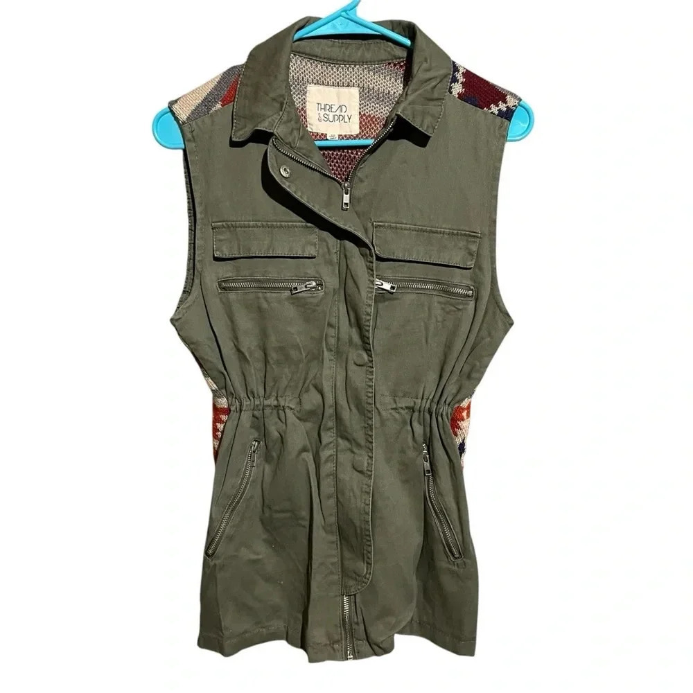 Thread & Supply Green Utility Vest With Southwestern Knit Back Size XS Aztec